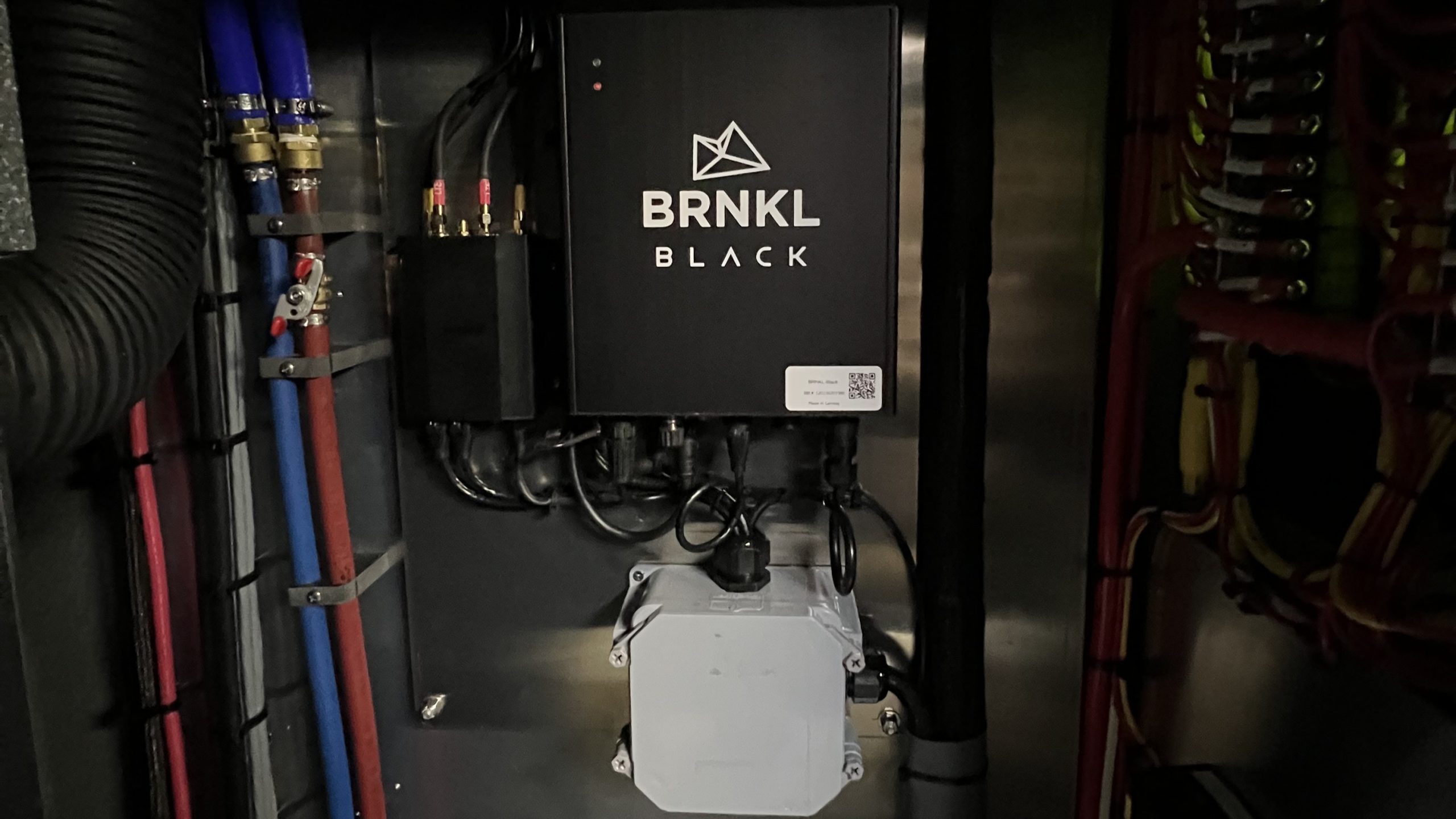 A BRNKL Black system installed aboard a vessel. Developed by Barnacle Systems in Victoria, B.C., the system records and integrates onboard sensor, equipment and video data to support vessel monitoring, maintenance and operational awareness.