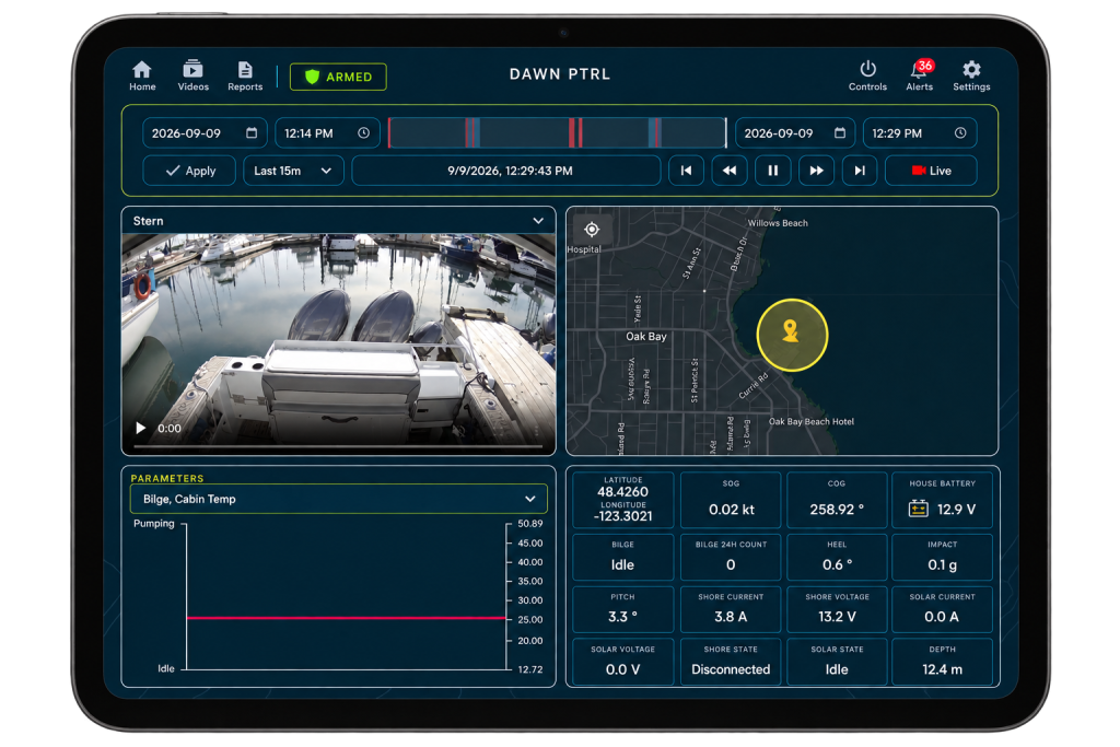 The BRNKL platform brings live and recorded vessel data, video and location information together in a single interface, helping operators monitor vessel condition, security and onboard systems.