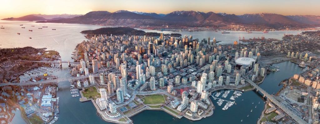 A panoramic drone view of Vancouver downtown.