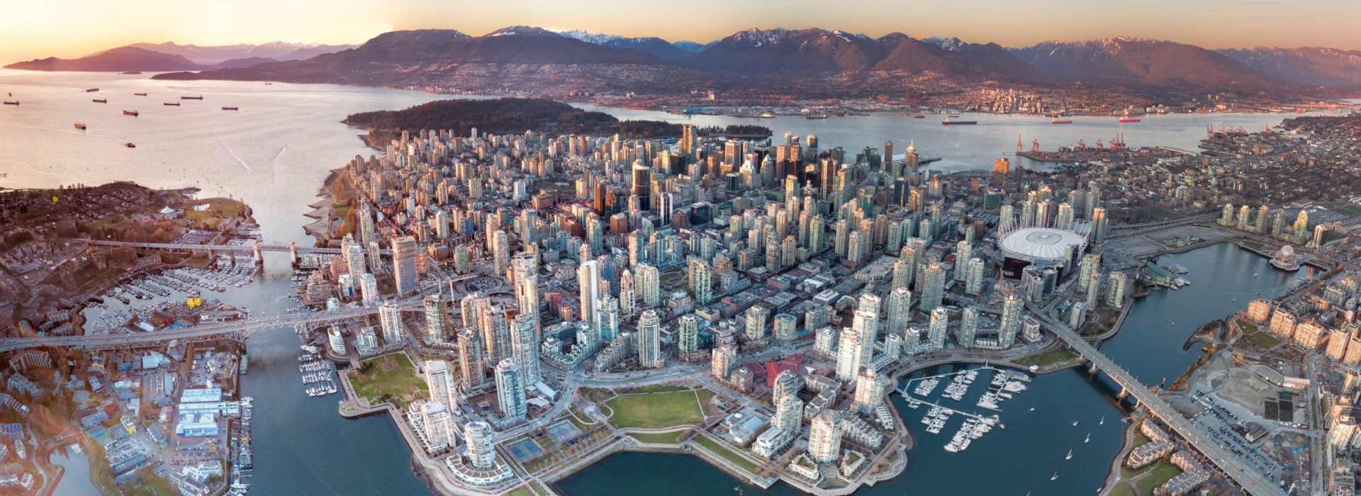 A panoramic drone view of Vancouver downtown.