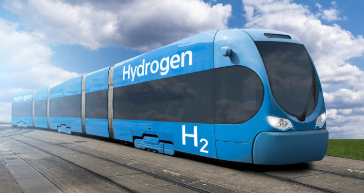 A hydrogen fuel cell train stands at the station