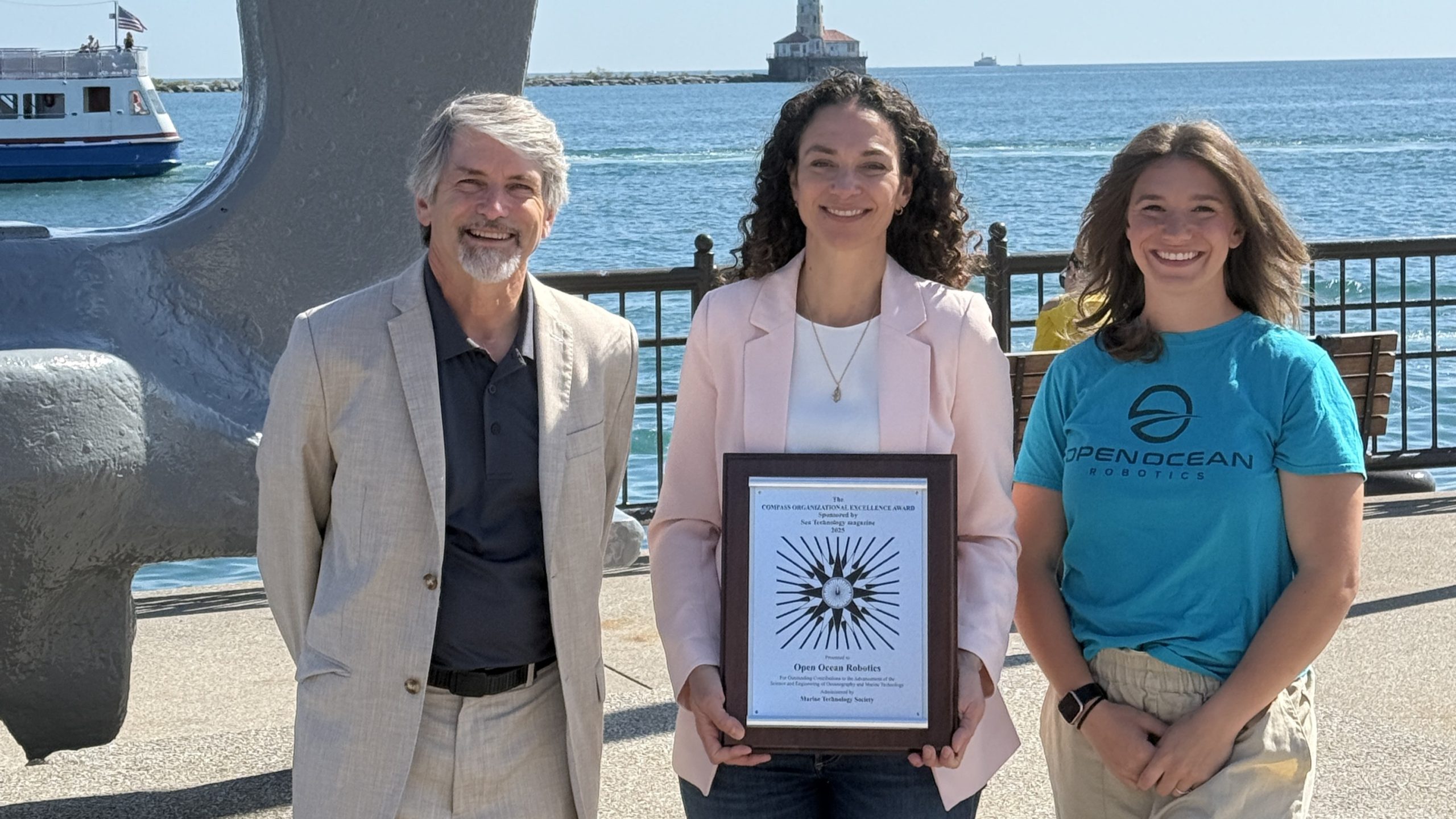 Open Ocean Robotics team consisting of (left to right) Dr. Fritz Stahr (CTO), Julie Angus (CEO), and Madeleine Bouvier-Brown (Marine Operations Lead) receiving the 2025 Compass Organizational Excellence Award from the Marine Technology Society.