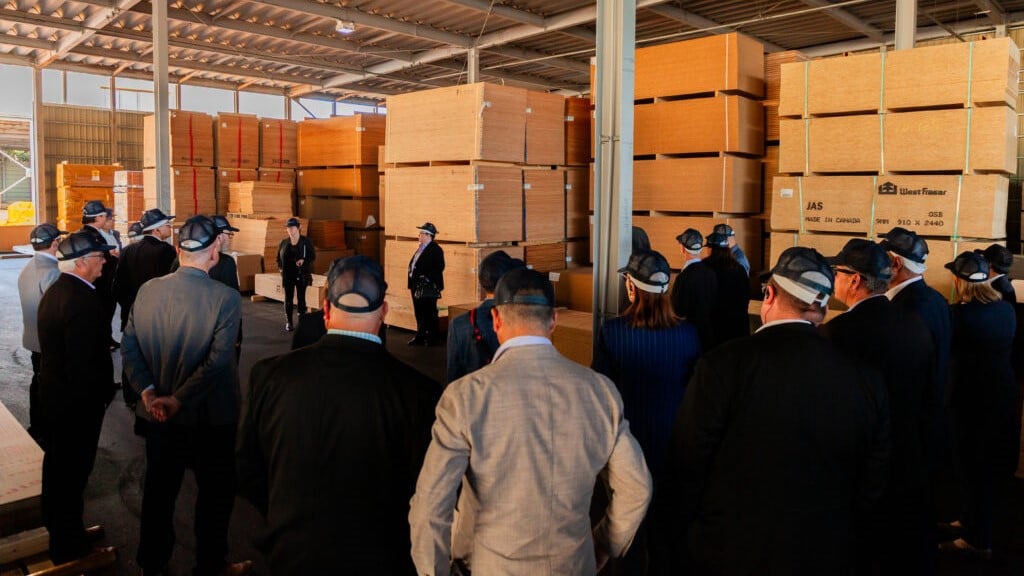 Tokyo, Japan. Forestry sector trade mission delegates are on the ground at Mitsubishi Estate Wood Building Co. Panel Plant in Tokyo, Japan, seeing firsthand how B.C. forestry sector products are being used in action. From West Fraser to Kalesnikoff and Tolko, the plant tour showcases how trade diversification is delivering real results for B.C.’s forestry sector.