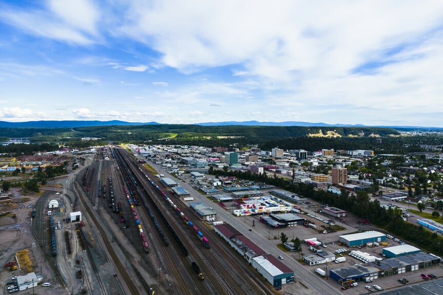 An aerial shot of the freight yard in Prince George, British Columbia.