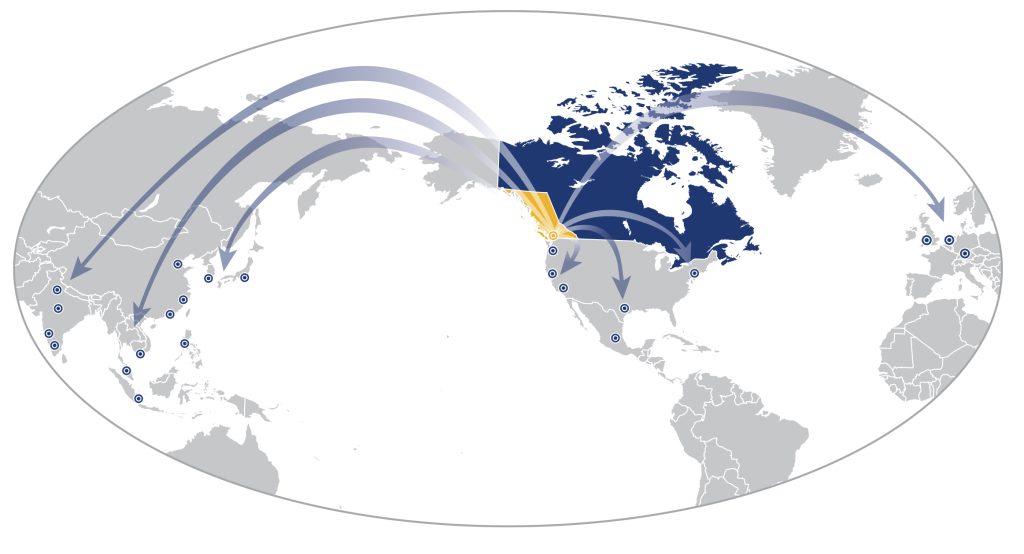 Trade and Invest BC supports international companies through a global network of trade and investment representatives, connecting British Columbia to key markets across Asia, Europe and North America.
