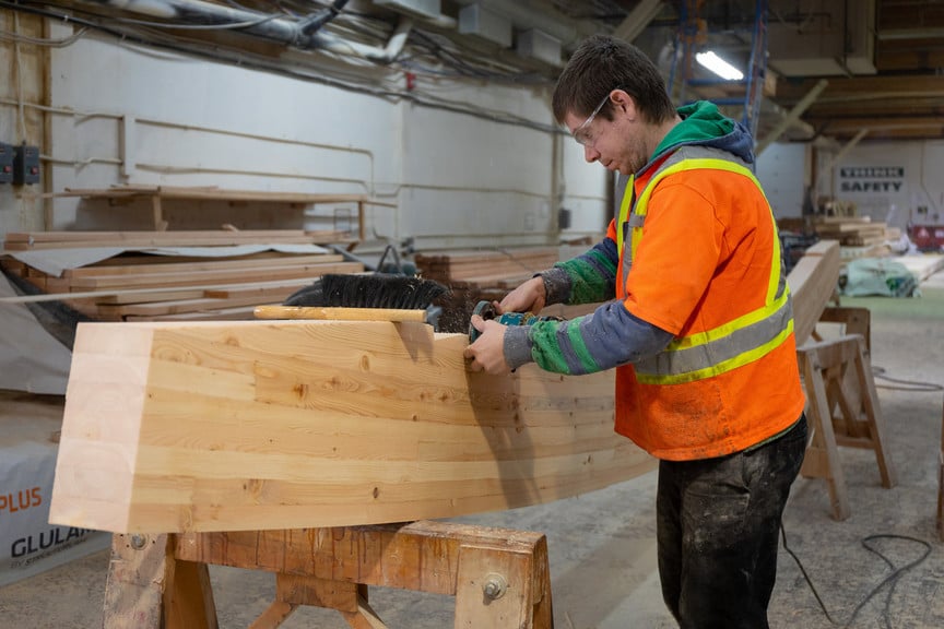 Engineered mass timber beams being manufactured at Structurlam Mill in Penticton, British Columbia.