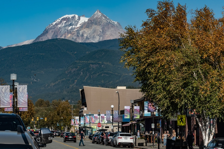 Downtown Squamish with snow-capped Garibaldi Mountain in the background.