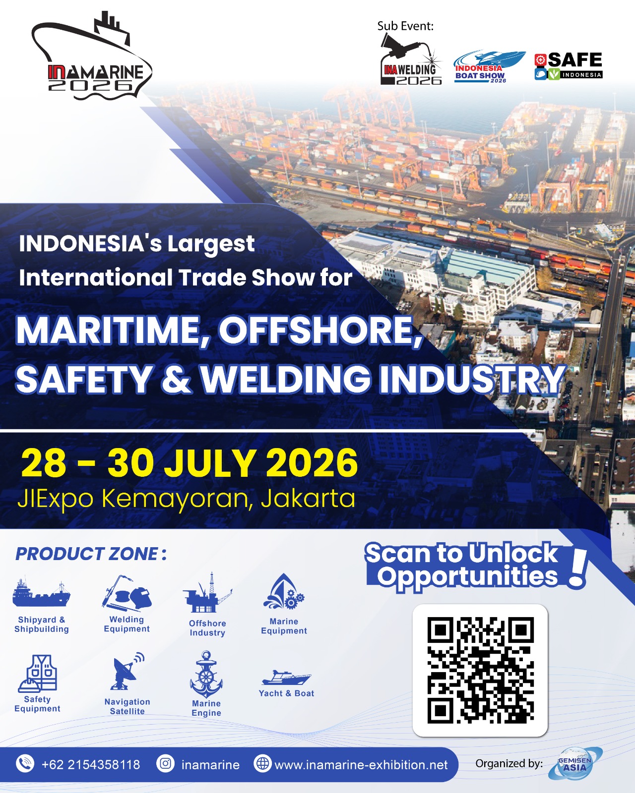 Poster for Indonesia’s top maritime, offshore, and safety expo, featuring technology and industrial imagery; 28–30 July 2026, Jakarta.