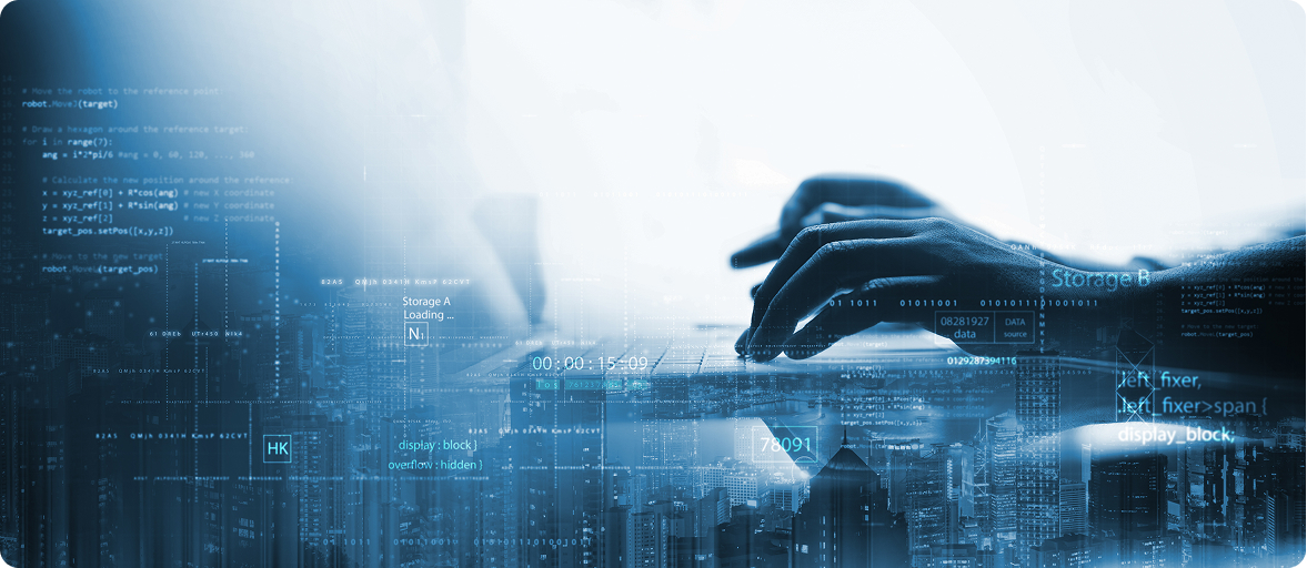 The image features a close-up of hands typing on a laptop keyboard, set against a backdrop of digital elements and cityscape.