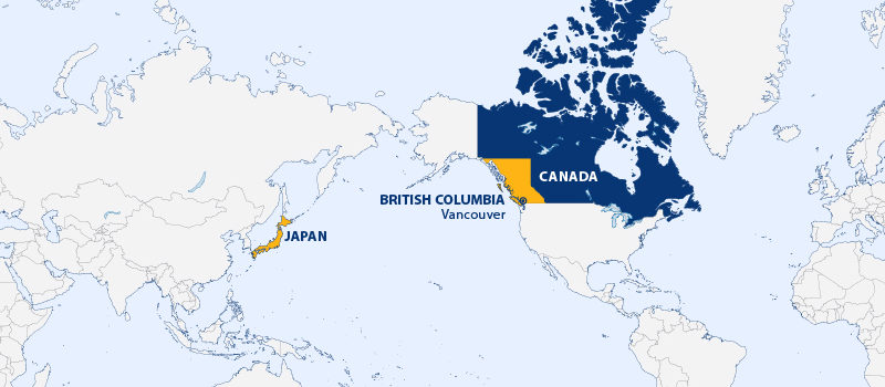 Global map showing BC in Canada