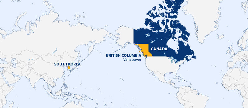 Global map showing BC in Canada